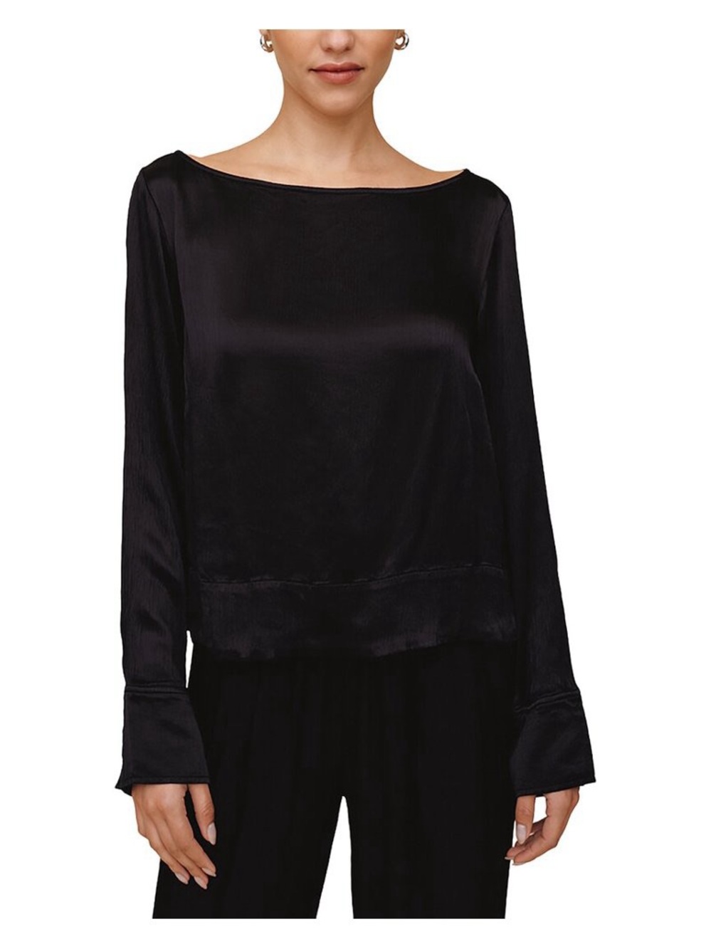 Bella Dahl Black Satin Long Sleeve Boat Neck Blouse Relaxed Luxe Top